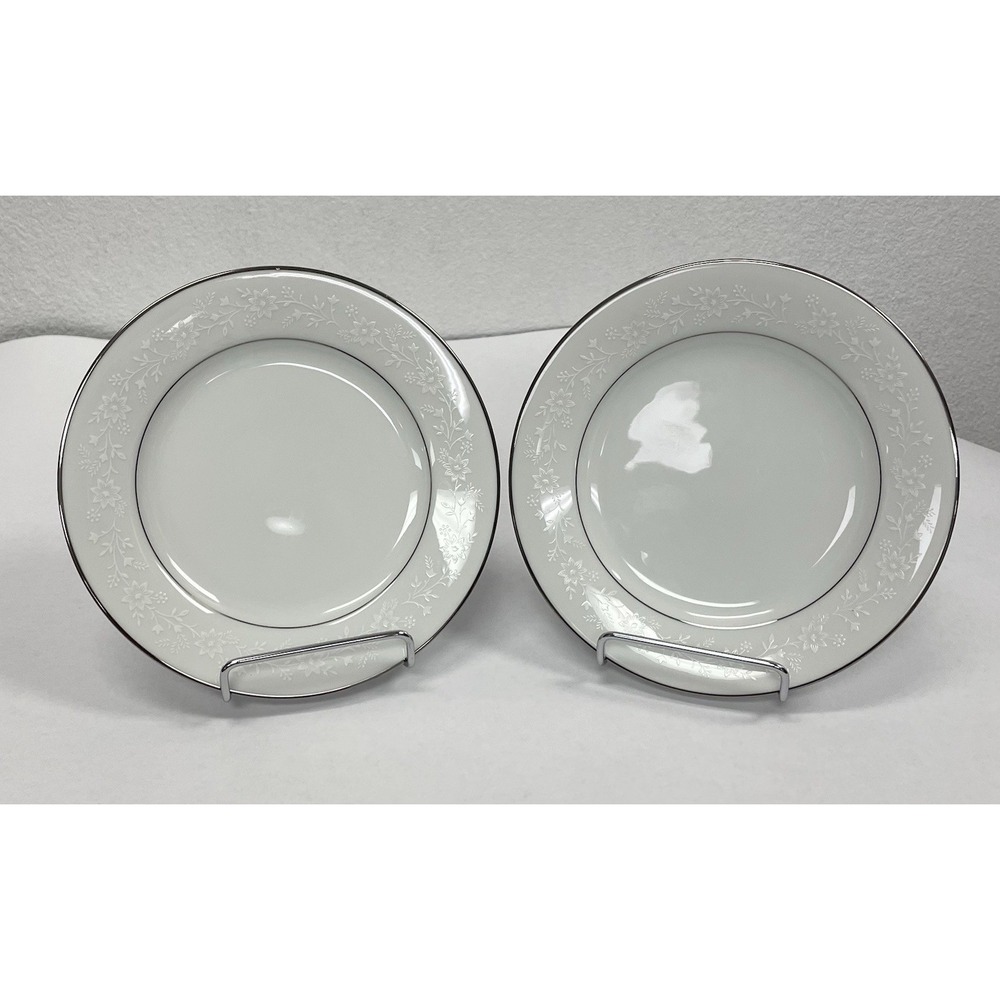 Noritake Buckingham 6438 Salad Plates Set of 4 White Floral Platinum Rim 8"